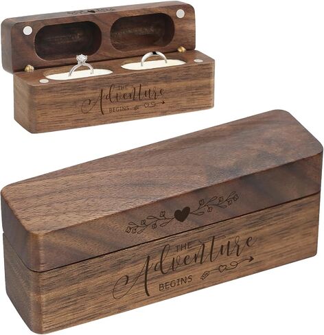 صندوق خشبي ذو حلقتين لحفلات الزفاف، حامل حلقي لصندوق تخزين المجوهرات من الخشب الصلب من خشب الجوز الريفي العتيق (قطعتان السيد والسيدة، غير مخصص) in Kuwait