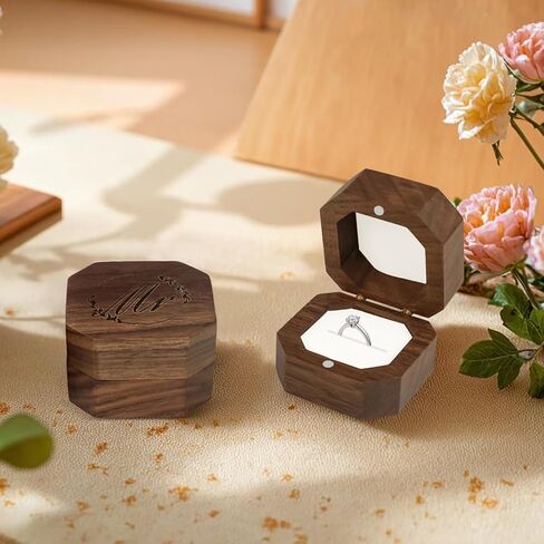Wooden 2 Ring Flip Box for Wedding, Rustic Vintage Engraved Walnut Solid Wood Jewelry Storage Box Ring Holder (2pcs Mr&Mrs, No Customized) in Saudi Arabia
