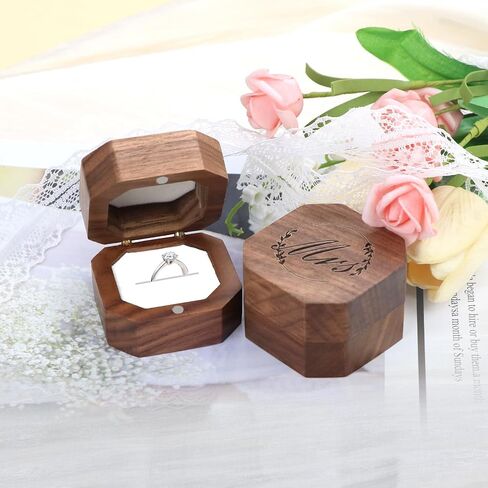 Wooden 2 Ring Flip Box for Wedding, Rustic Vintage Engraved Walnut Solid Wood Jewelry Storage Box Ring Holder (2pcs Mr&Mrs, No Customized) in Saudi Arabia