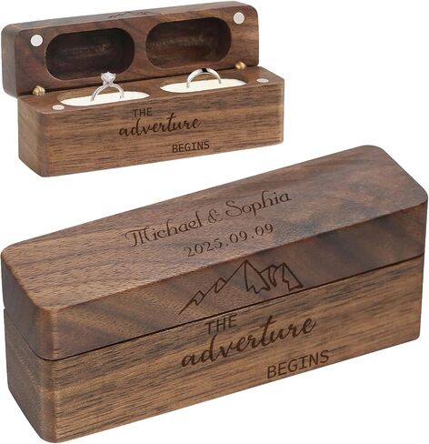 Wooden 2 Ring Flip Box for Wedding, Rustic Vintage Engraved Walnut Solid Wood Jewelry Storage Box Ring Holder (2pcs Mr&Mrs, No Customized) in Saudi Arabia
