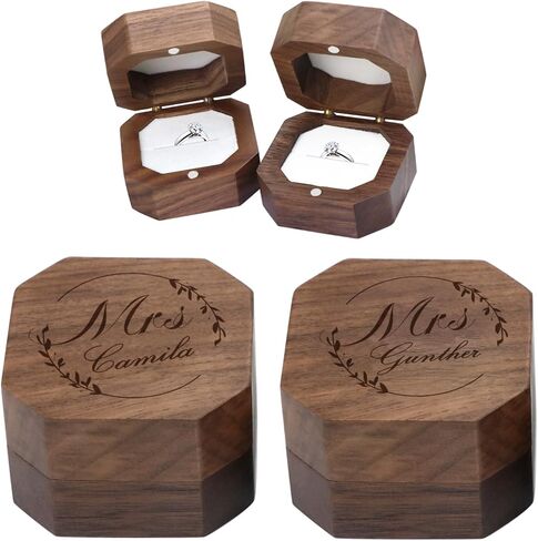 Wooden 2 Ring Flip Box for Wedding, Rustic Vintage Engraved Walnut Solid Wood Jewelry Storage Box Ring Holder (2pcs Mr&Mrs, No Customized) in Saudi Arabia