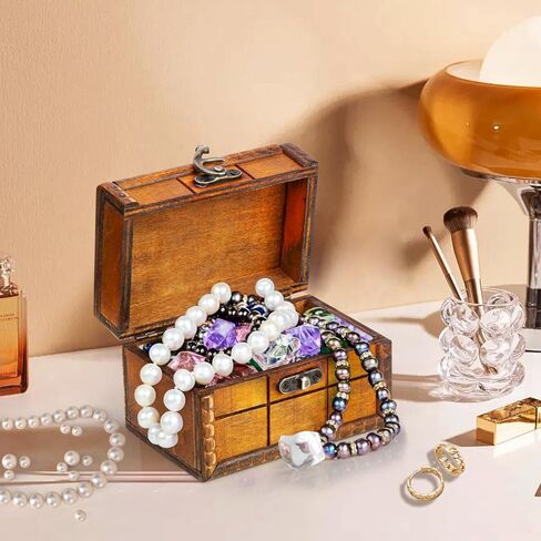 Vintage Wooden Jewelry Boxes, Retro Handmade Decorative Treasure Trinket Chests Storage Organizer, Wood Gift Holder Case Box for Ring Earrings Necklace Keepsake Ceremony Ladies 4.7" (Brown) in Kuwait