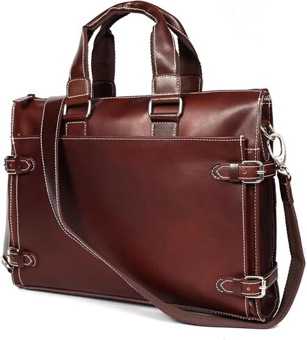 Leather Laptop Briefcase for Men - Classic Brown, 3 Zipper Pockets, 2 Spacious Compartments, Fits 16-inch Laptop (16x12x4 inches) in Kuwait