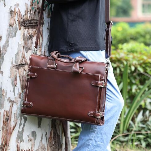 Leather Laptop Briefcase for Men - Classic Brown, 3 Zipper Pockets, 2 Spacious Compartments, Fits 16-inch Laptop (16x12x4 inches) in Kuwait