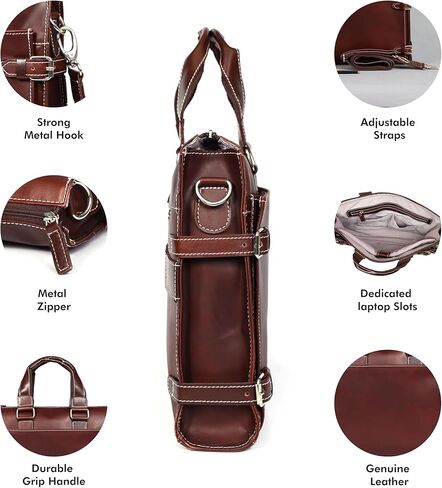 Leather Laptop Briefcase for Men - Classic Brown, 3 Zipper Pockets, 2 Spacious Compartments, Fits 16-inch Laptop (16x12x4 inches) in Kuwait