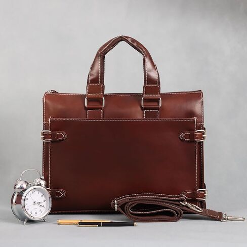 Leather Laptop Briefcase for Men - Classic Brown, 3 Zipper Pockets, 2 Spacious Compartments, Fits 16-inch Laptop (16x12x4 inches) in Kuwait