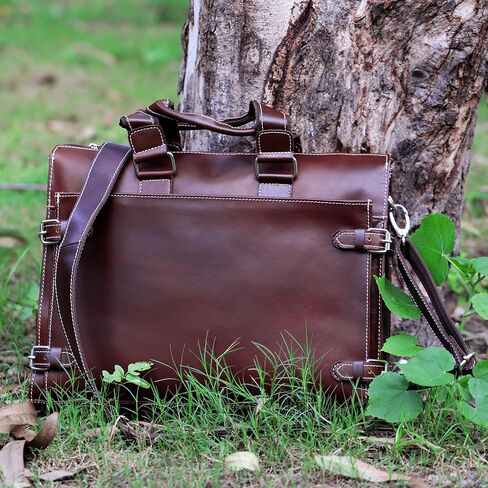 Leather Laptop Briefcase for Men - Classic Brown, 3 Zipper Pockets, 2 Spacious Compartments, Fits 16-inch Laptop (16x12x4 inches) in Kuwait