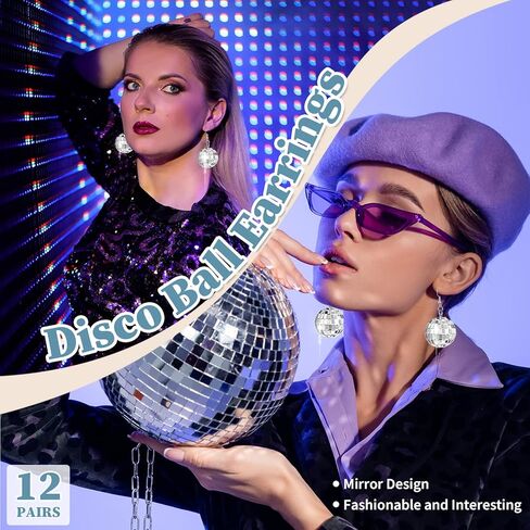 Kigeli 12 Pairs Women Disco Ball Earrings 60's Mirror Ball Earrings Silver 70's Outfit Disco Accessories Hippie Jewelry Bulk Cowgirl Dangle Party Favors for New Years Festival Stage Game Costume in Saudi Arabia
