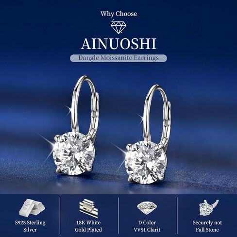 أقراط AINUOSHI مويسانيتي 2/4 قيراط 18 قيراط مطلية بالذهب الأبيض 925 أقراط متدلية من الفضة الاسترليني لا تسبب الحساسية أقراط متدلية للنساء مجوهرات لهدايا عيد الحب in Saudi Arabia