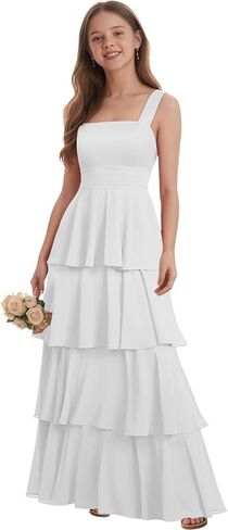 Tiered Chiffon Junior Bridesmaid Dresses for Teen Girls Long Flower Girl Dress Spaghetti Straps Girls Prom Dress in Saudi Arabia