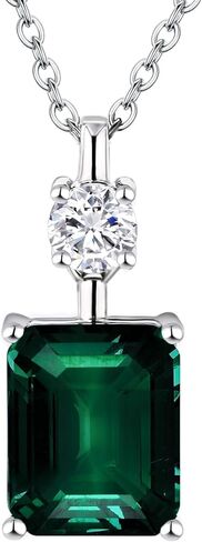 EcoGems Lab Grown Gemstone & Diamond Pendant Necklace – Emerald Cut, 18K White Gold Plated Silver – 16/18 Inch Adjustable Chain – Color Options – Gift Box in Kuwait