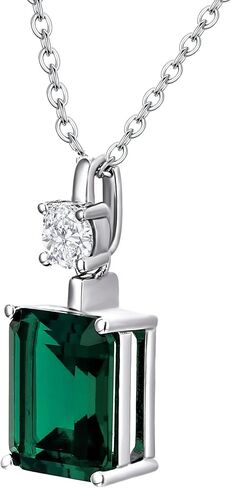 EcoGems Lab Grown Gemstone & Diamond Pendant Necklace – Emerald Cut, 18K White Gold Plated Silver – 16/18 Inch Adjustable Chain – Color Options – Gift Box in Kuwait