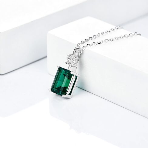 EcoGems Lab Grown Gemstone & Diamond Pendant Necklace – Emerald Cut, 18K White Gold Plated Silver – 16/18 Inch Adjustable Chain – Color Options – Gift Box in Kuwait
