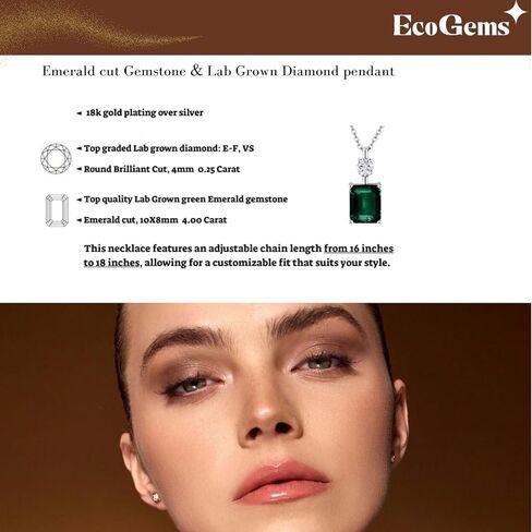 EcoGems Lab Grown Gemstone & Diamond Pendant Necklace – Emerald Cut, 18K White Gold Plated Silver – 16/18 Inch Adjustable Chain – Color Options – Gift Box in Kuwait