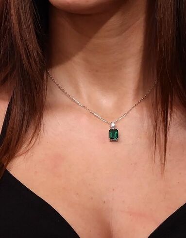EcoGems Lab Grown Gemstone & Diamond Pendant Necklace – Emerald Cut, 18K White Gold Plated Silver – 16/18 Inch Adjustable Chain – Color Options – Gift Box in Kuwait
