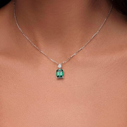 EcoGems Lab Grown Gemstone & Diamond Pendant Necklace – Emerald Cut, 18K White Gold Plated Silver – 16/18 Inch Adjustable Chain – Color Options – Gift Box in Kuwait
