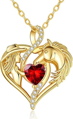 14K Gold Horse and Cowgirl Necklace for Women,Heart Birthstone Pendant,Western Cowgirl Jewelry Valentine's Day Birthday Gifts for Equestrian Enthusiast and Country Style Lovers in Saudi Arabia
