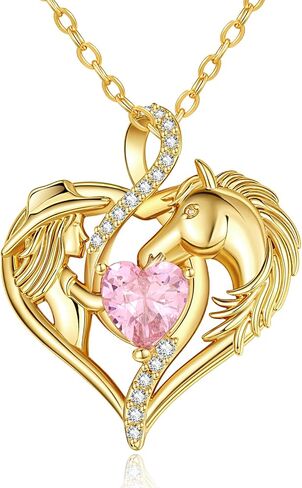 14K Gold Horse and Cowgirl Necklace for Women,Heart Birthstone Pendant,Western Cowgirl Jewelry Valentine's Day Birthday Gifts for Equestrian Enthusiast and Country Style Lovers in Saudi Arabia