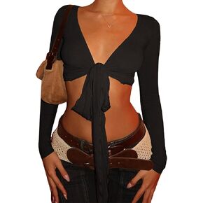 Women's Tie Front Yoga T-Shirts V-Neck Long Sleeve Bolero Shrugs Bottoming Fitness Seamless Workout Crop Shrugs in Kuwait