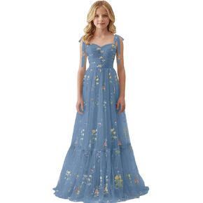 Floral Embroidery Tulle Junior Bridesmaid Dresses for Wedding Kids Flower Girl Dress Long Princess Pageant Formal Gown in Kuwait