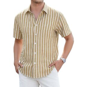 Damipow Mens Linen Shirts Short Sleeve Cotton Striped Casual Button Down Shirt Beach Vacation Summer Shirts in Kuwait