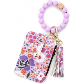 سلسلة مفاتيح محفظة مطرزة بوهو للنساء - حامل بطاقات أنيق مزين بالزهور مع شرابة - محفظة معصم صغيرة للبطاقات والنقود والمفاتيح - هدية للأمهات والزوجات والأصدقاء (أرجواني) in Kuwait