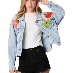 RINTONIX Women Y2K Long Sleeve Button Down 3D Flower Patchwork Crop Raw Hem Denim Jacket Washed Distressed Jean Jacket in Kuwait
