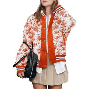Xaspee Women's Puffer Varsity Baseball Jacket Casual Floral Print Letterman Bomber Jacket Windbreaker Lightweight Jacket in Kuwait