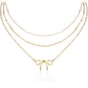 3 قطع قلادة ذهبية للنساء، قلادة على شكل فيونكة من اللؤلؤ عيار 14 قيراط مطلية بطبقات من الذهب سلسلة مكدسة أنيقة وجذابة وعصرية هدايا مجوهرات نسائية in Kuwait