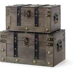 Soul & Lane Wood Treasure Chests - Set of 2, Antique Storage Trunks, Decorative Wooden Storage Boxes with Hinged Lids for Keepsakes and Home Décor in Saudi Arabia