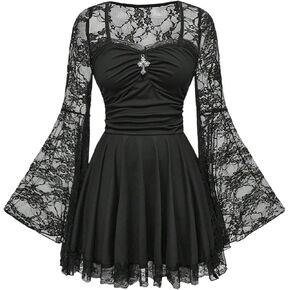 فستان نسائي قصير على الطراز القوطي متقاطع من الدانتيل الجرونج وعصر النهضة وأكمام طويلة مكشكش على شكل حرف A فساتين واسعة in Kuwait