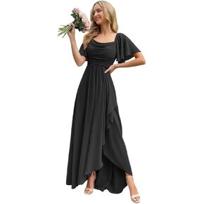 Flutter Sleeve Bridesmaid Dresses for Women Flowly Chiffon Ruched Formal Gown Cowl Neck Wedding Guest Dress with Slit in Kuwait