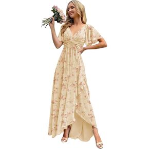 V Neck Chiffon Bridesmaid Dresses with Sleeves A-Line Pleated Long Ruffle Formal Evening Dresses for Women in Kuwait