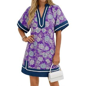 فستان نسائي صيفي قصير من Wenrine بأكمام منتفخة كاجوال ورقبة على شكل حرف V وألوان زاهية وفتحة جانبية وفساتين قميص فضفاضة مع جيوب in Kuwait