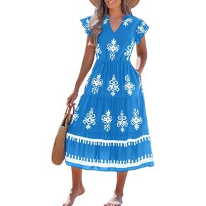 فستان صيفي للنساء فساتين بوهو كاجوال برقبة على شكل حرف V وأكمام قصيرة واسعة فستان متوسط ​​الطول مزين بالزهور مع جيوب in Kuwait