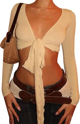 Women's Tie Front Yoga T-Shirts V-Neck Long Sleeve Bolero Shrugs Bottoming Fitness Seamless Workout Crop Shrugs in Saudi Arabia