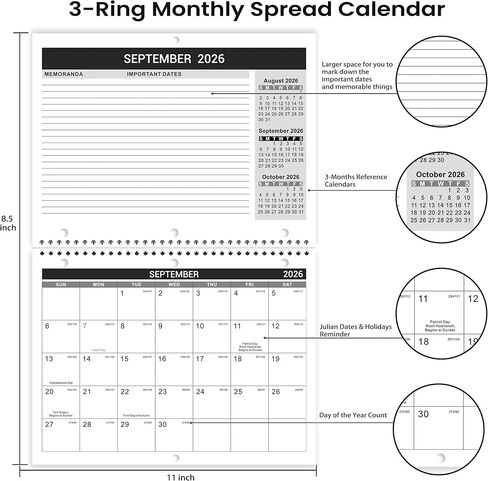 Calendar 2026-2027 - Wall Calendar 2026-2027, 8.5" x 11", 18 Month from Jul. 2026 to Dec. 2027, 3-Hole Punched Binder Calendar with Memo Pages, Twin-Wire Binding, Holidays, For Desk or Wall, Black in Kuwait