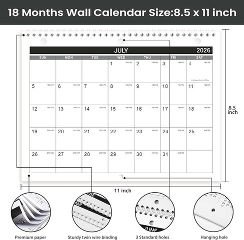 Calendar 2026-2027 - Wall Calendar 2026-2027, 8.5" x 11", 18 Month from Jul. 2026 to Dec. 2027, 3-Hole Punched Binder Calendar with Memo Pages, Twin-Wire Binding, Holidays, For Desk or Wall, Black in Kuwait