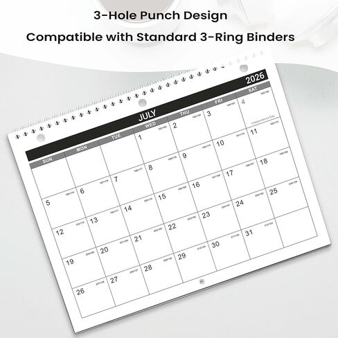 Calendar 2026-2027 - Wall Calendar 2026-2027, 8.5" x 11", 18 Month from Jul. 2026 to Dec. 2027, 3-Hole Punched Binder Calendar with Memo Pages, Twin-Wire Binding, Holidays, For Desk or Wall, Black in Kuwait