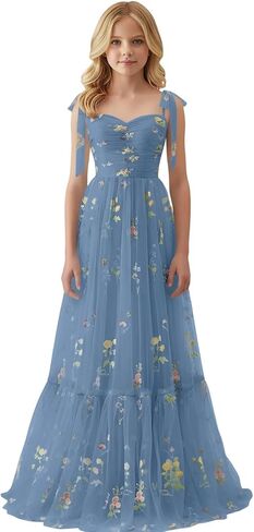 Floral Embroidery Tulle Junior Bridesmaid Dresses for Wedding Kids Flower Girl Dress Long Princess Pageant Formal Gown in Kuwait