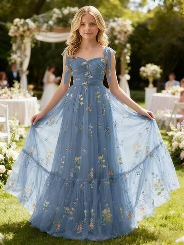 Floral Embroidery Tulle Junior Bridesmaid Dresses for Wedding Kids Flower Girl Dress Long Princess Pageant Formal Gown in Saudi Arabia