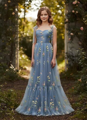 Floral Embroidery Tulle Junior Bridesmaid Dresses for Wedding Kids Flower Girl Dress Long Princess Pageant Formal Gown in Saudi Arabia