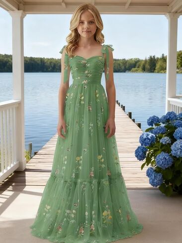 Floral Embroidery Tulle Junior Bridesmaid Dresses for Wedding Kids Flower Girl Dress Long Princess Pageant Formal Gown in Saudi Arabia