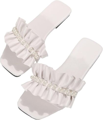 Verdusa Women's Faux Pearl Ruffle Dressy Sandals Summer Square Toe Flat Leather Sandals in Saudi Arabia