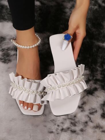 Verdusa Women's Faux Pearl Ruffle Dressy Sandals Summer Square Toe Flat Leather Sandals in Saudi Arabia