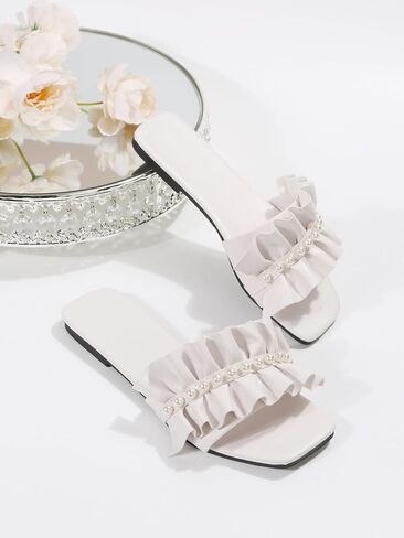 Verdusa Women's Faux Pearl Ruffle Dressy Sandals Summer Square Toe Flat Leather Sandals in Saudi Arabia
