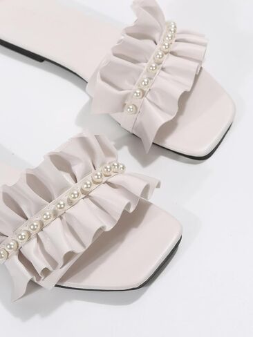Verdusa Women's Faux Pearl Ruffle Dressy Sandals Summer Square Toe Flat Leather Sandals in Saudi Arabia