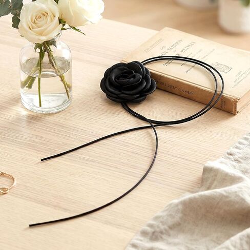 Thinp Flower Choker Necklace for Women, Black Rose Necklace Vintage Velvet Collar Necklaces with Adjustable Lace-up Design Long Wrap Tie Necklaces for Summer Wedding, Party, Holiday in Saudi Arabia