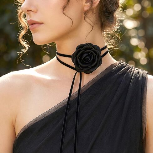 Thinp Flower Choker Necklace for Women, Black Rose Necklace Vintage Velvet Collar Necklaces with Adjustable Lace-up Design Long Wrap Tie Necklaces for Summer Wedding, Party, Holiday in Saudi Arabia
