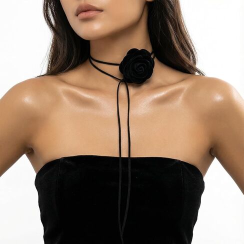 Thinp Flower Choker Necklace for Women, Black Rose Necklace Vintage Velvet Collar Necklaces with Adjustable Lace-up Design Long Wrap Tie Necklaces for Summer Wedding, Party, Holiday in Saudi Arabia